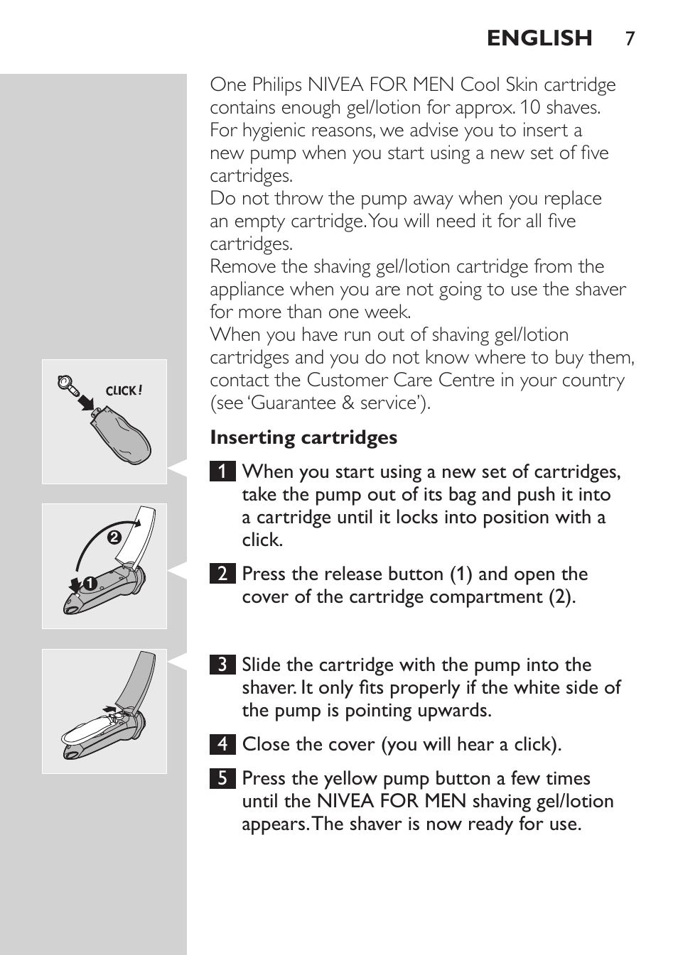 Inserting cartridges, English | Philips NIVEA FOR MEN Rasierer User Manual | Page 5 / 124