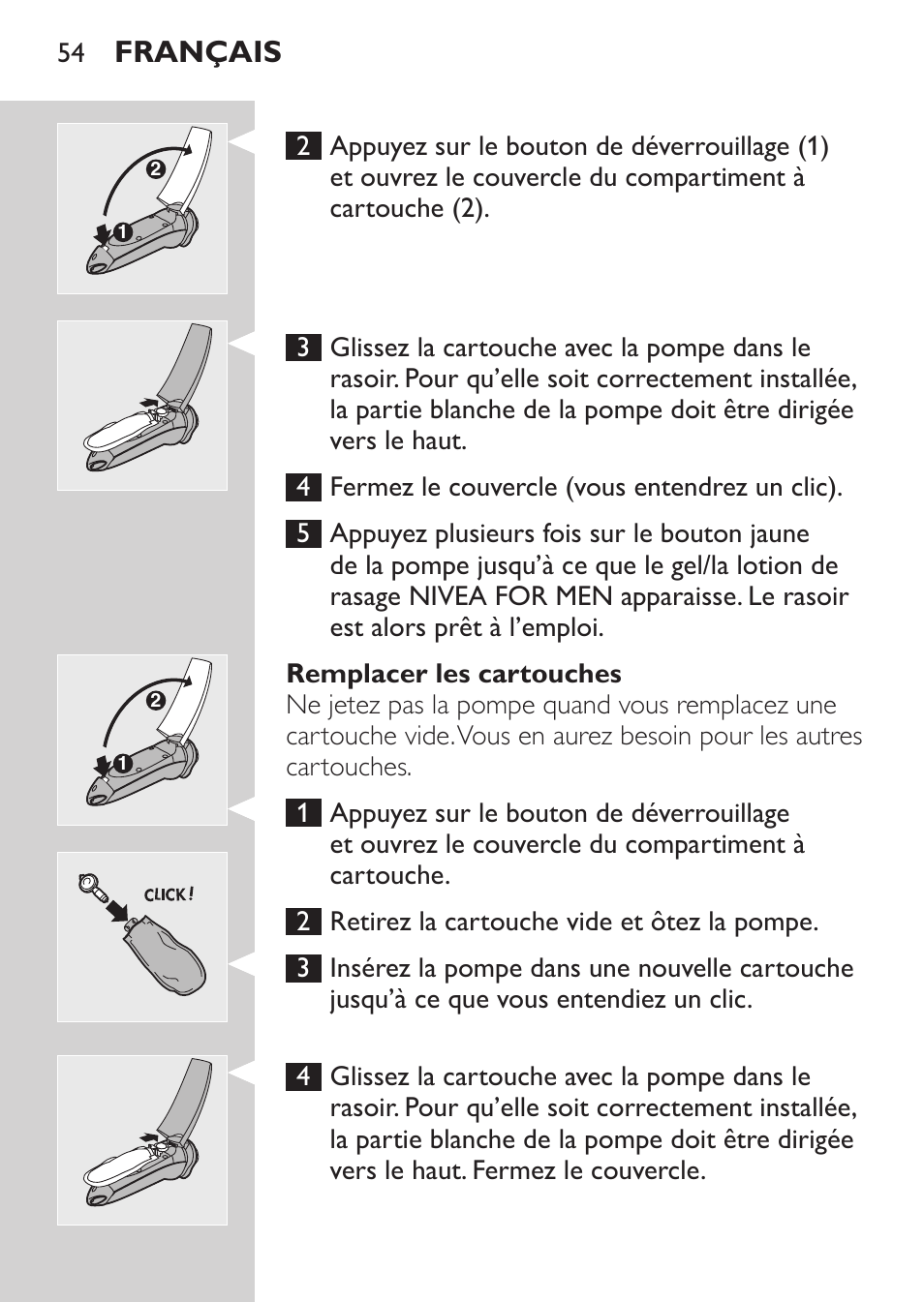 Remplacer les cartouches, Français | Philips NIVEA FOR MEN Rasierer User Manual | Page 52 / 124