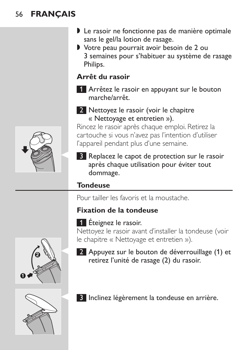 Arrêt du rasoir, Tondeuse, Fixation de la tondeuse | Français | Philips NIVEA FOR MEN Rasierer User Manual | Page 54 / 124