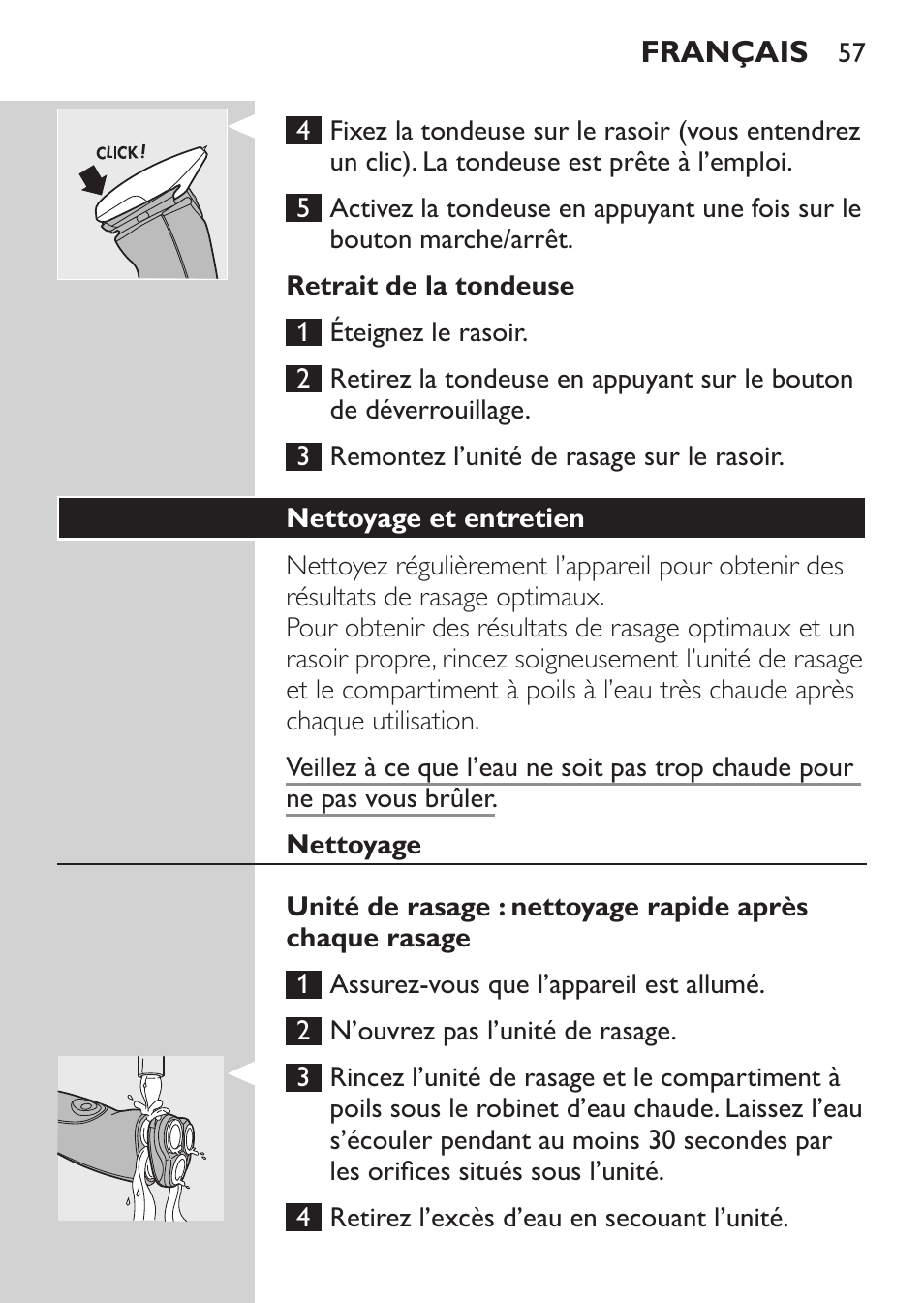 Retrait de la tondeuse, Nettoyage et entretien, Nettoyage | Philips NIVEA FOR MEN Rasierer User Manual | Page 55 / 124