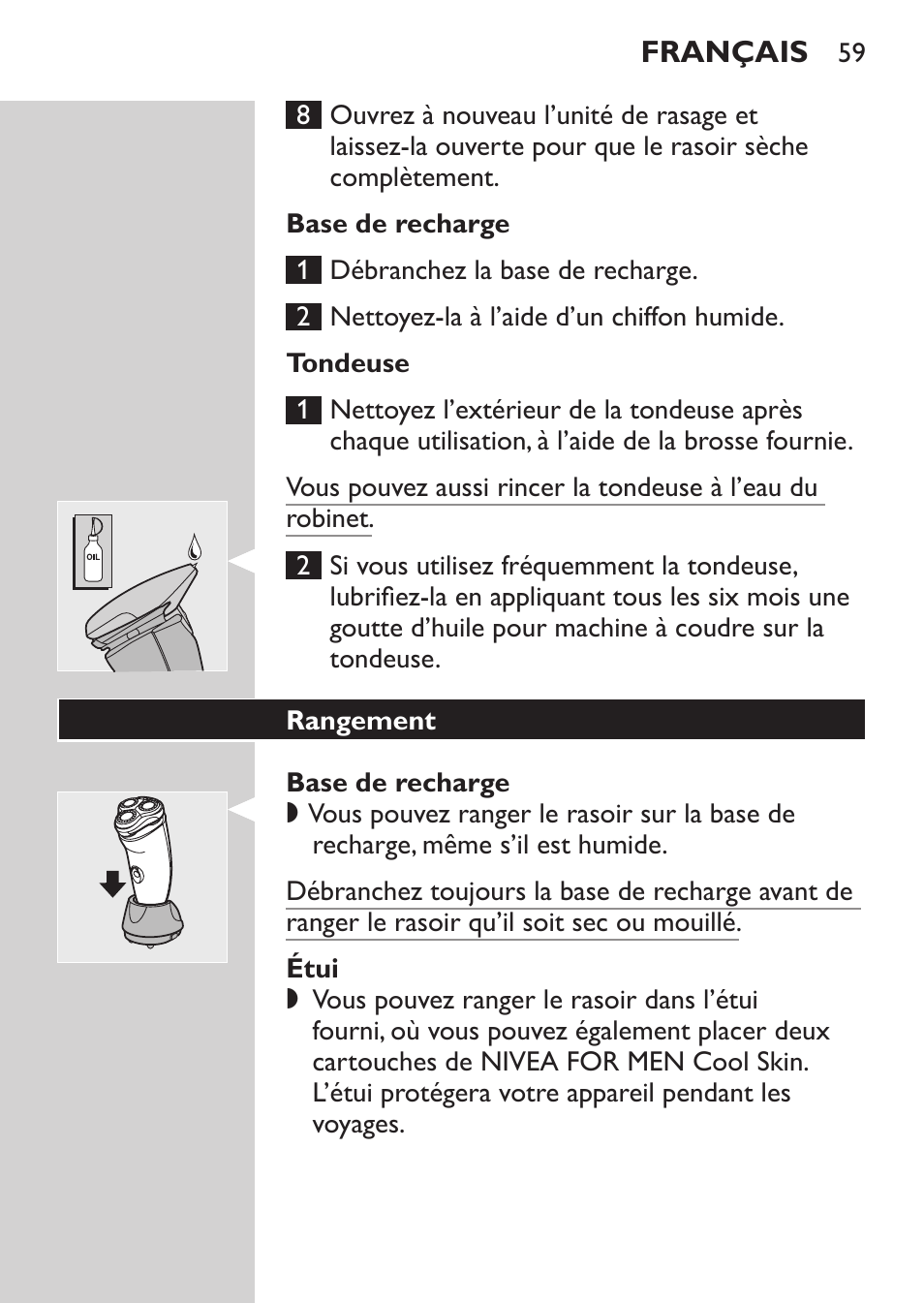 Base de recharge, Tondeuse, Étui | Rangement | Philips NIVEA FOR MEN Rasierer User Manual | Page 57 / 124