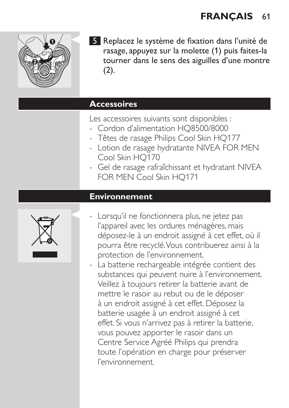 Accessoires, Environnement, Français | Philips NIVEA FOR MEN Rasierer User Manual | Page 59 / 124