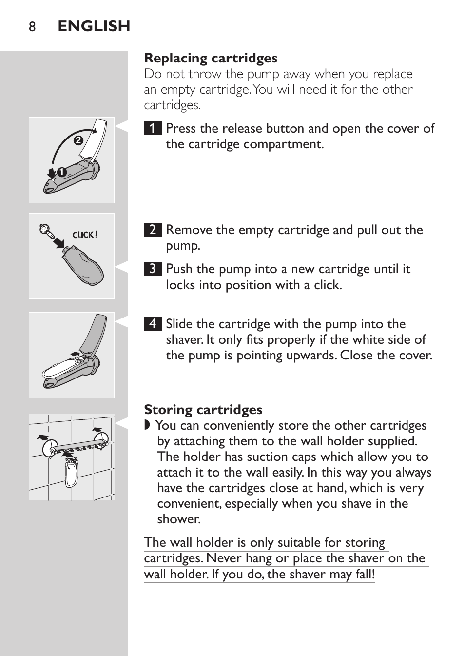 Replacing cartridges, Storing cartridges, English | Philips NIVEA FOR MEN Rasierer User Manual | Page 6 / 124