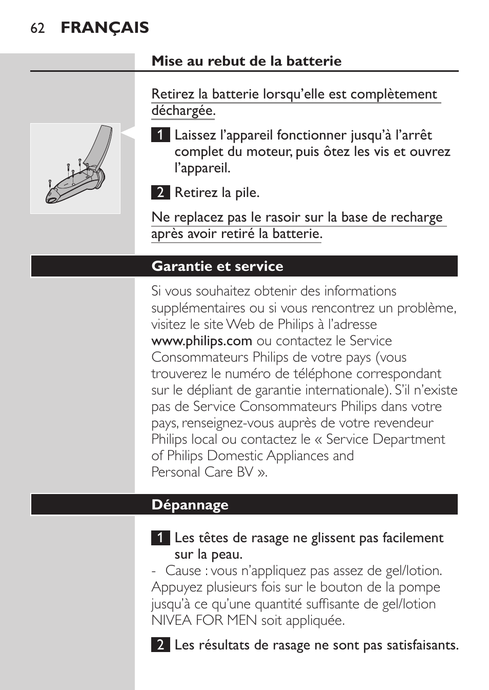 Mise au rebut de la batterie, Garantie et service, Dépannage | Philips NIVEA FOR MEN Rasierer User Manual | Page 60 / 124