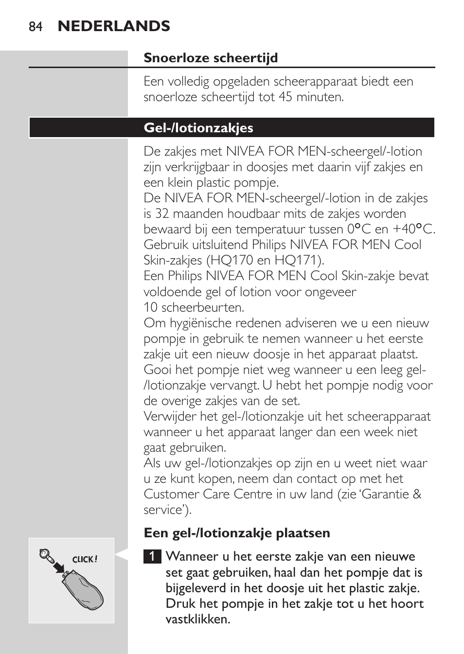 Snoerloze scheertijd, Een gel-/lotionzakje plaatsen, Gel-/lotionzakjes | Philips NIVEA FOR MEN Rasierer User Manual | Page 82 / 124