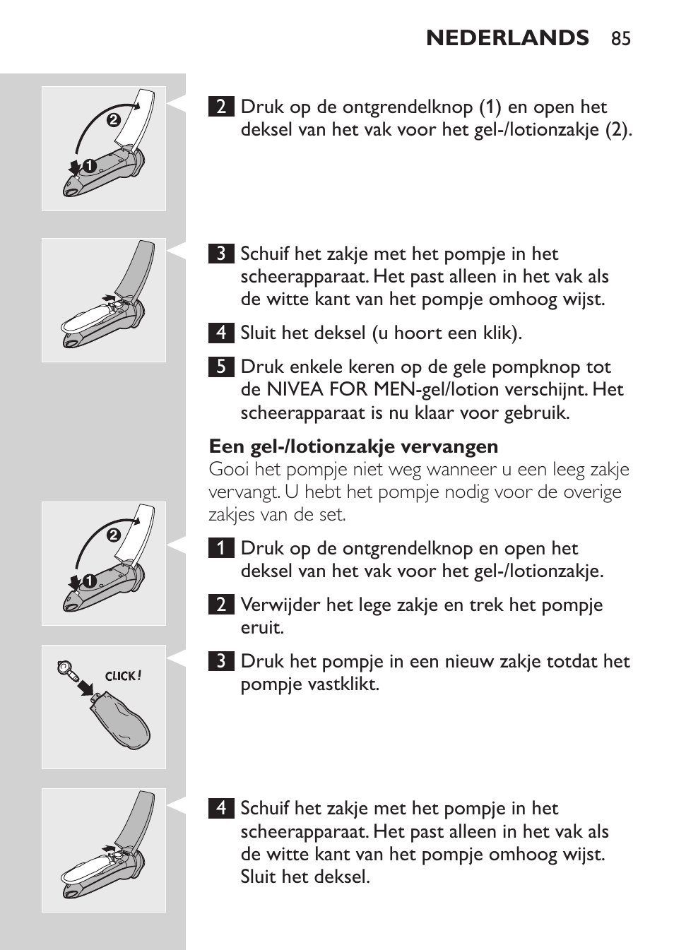 Een gel-/lotionzakje vervangen, Nederlands | Philips NIVEA FOR MEN Rasierer User Manual | Page 83 / 124