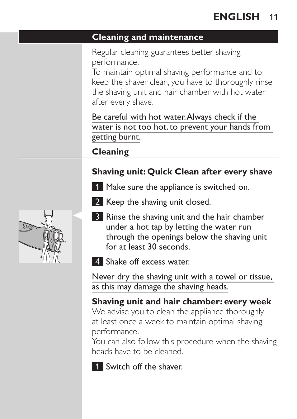 Cleaning and maintenance, Cleaning, Shaving unit: quick clean after every shave | Shaving unit and hair chamber: every week | Philips NIVEA FOR MEN Rasierer User Manual | Page 9 / 124