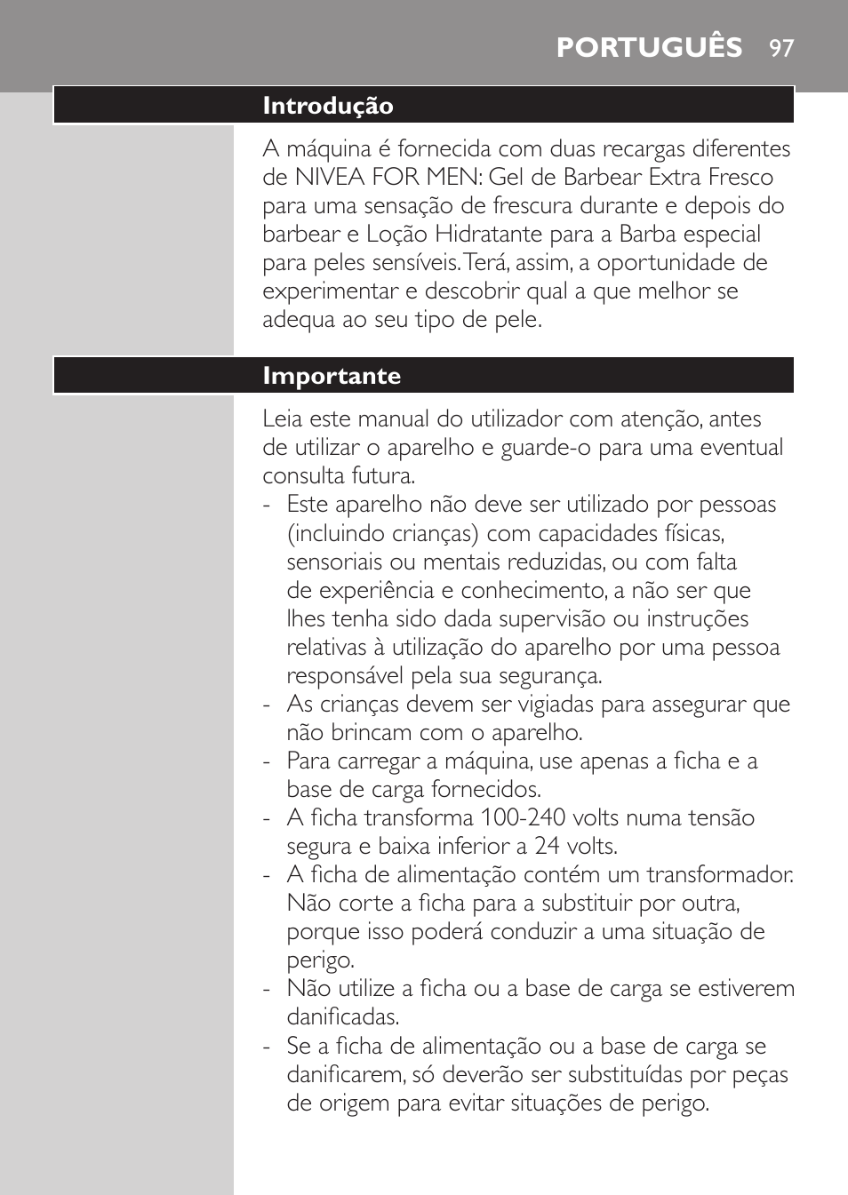 Português, Introdução, Importante | Philips NIVEA FOR MEN Rasierer User Manual | Page 95 / 124