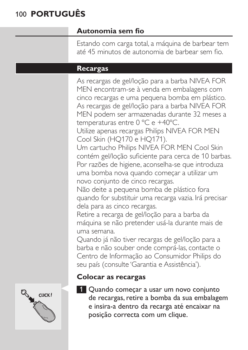 Autonomia sem fio, Colocar as recargas, Recargas | Philips NIVEA FOR MEN Rasierer User Manual | Page 98 / 124