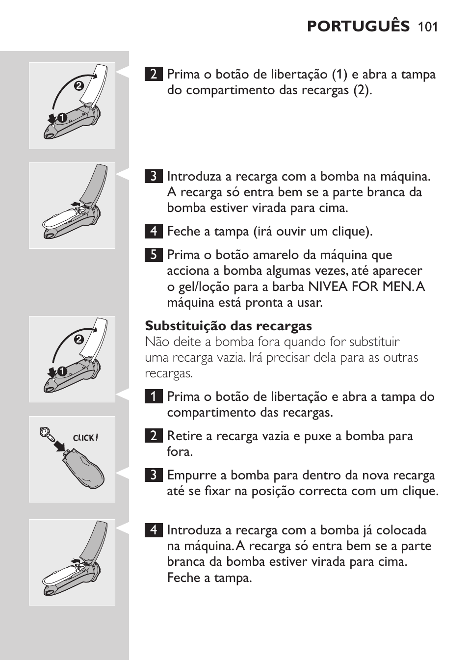 Substituição das recargas, Português | Philips NIVEA FOR MEN Rasierer User Manual | Page 99 / 124