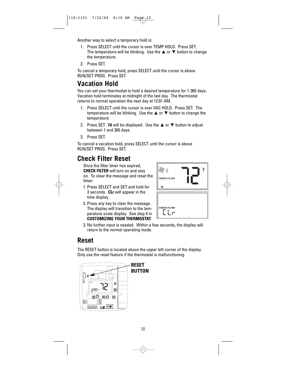 Vacation hold, Check filter reset, Reset | Reset button | NewAir 8625 User Manual | Page 10 / 12