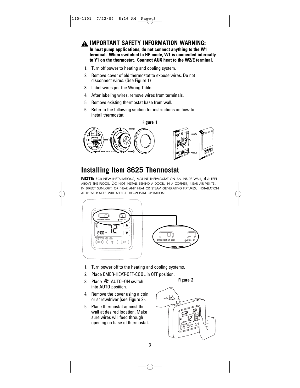 Installing item 8625 thermostat, Important safety information warning, Figure 2 | NewAir 8625 User Manual | Page 3 / 12