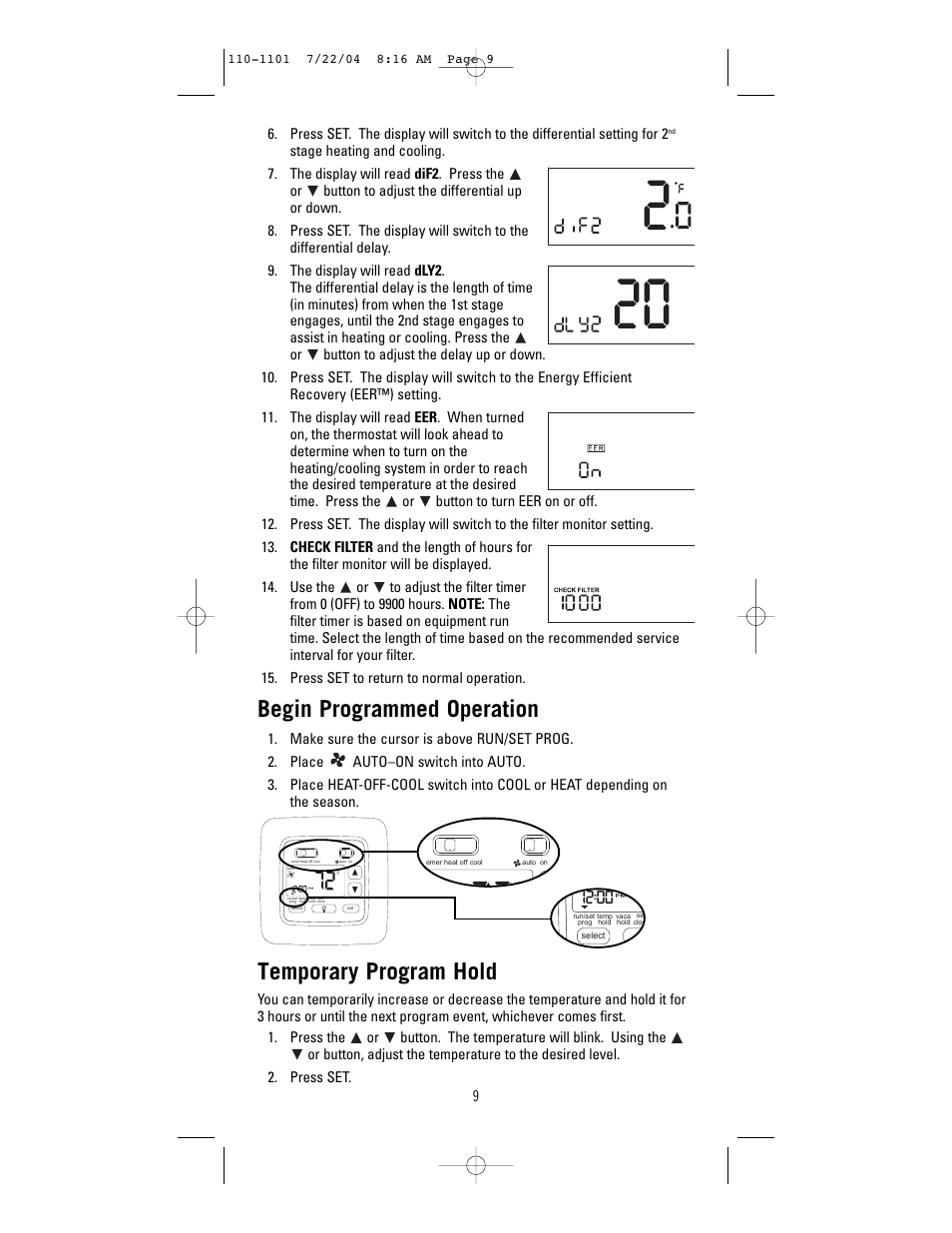 Begin programmed operation, Temporary program hold | NewAir 8625 User Manual | Page 9 / 12