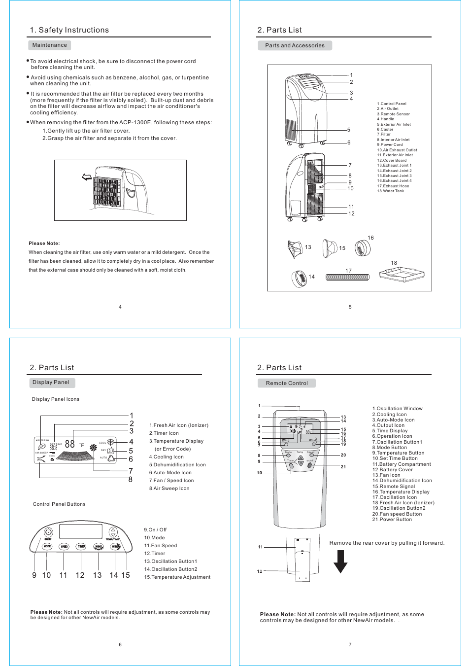 Safety instructions, Parts list | NewAir ACP-1300E User Manual | Page 2 / 5