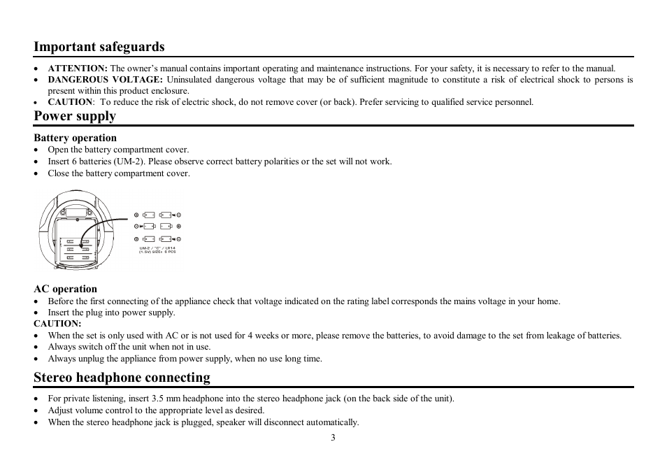 Important safeguards, Power supply, Stereo headphone connecting | Hyundai H-1407 User Manual | Page 3 / 14