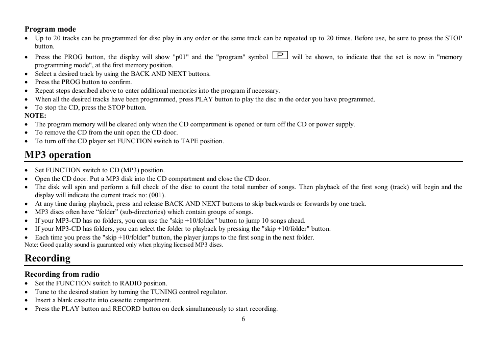 Mp3 operation, Recording | Hyundai H-1407 User Manual | Page 6 / 14