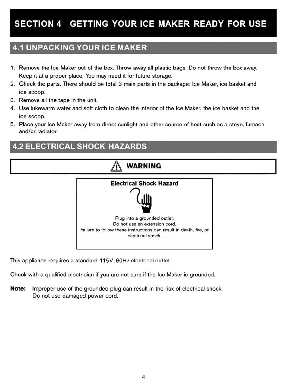 1 unpacking your ice maker, 2 electrical shock hazards | NewAir AI-200 User Manual | Page 6 / 11