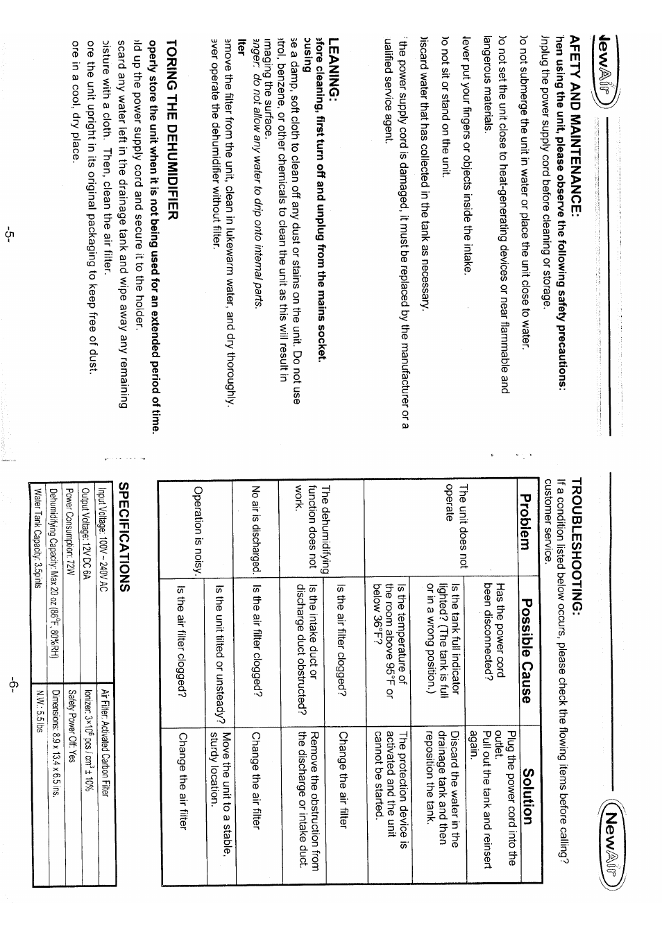 Afety and maintenance, Leaning, Torino the dehumidifier | Specifications | NewAir ADS-500 User Manual | Page 4 / 4