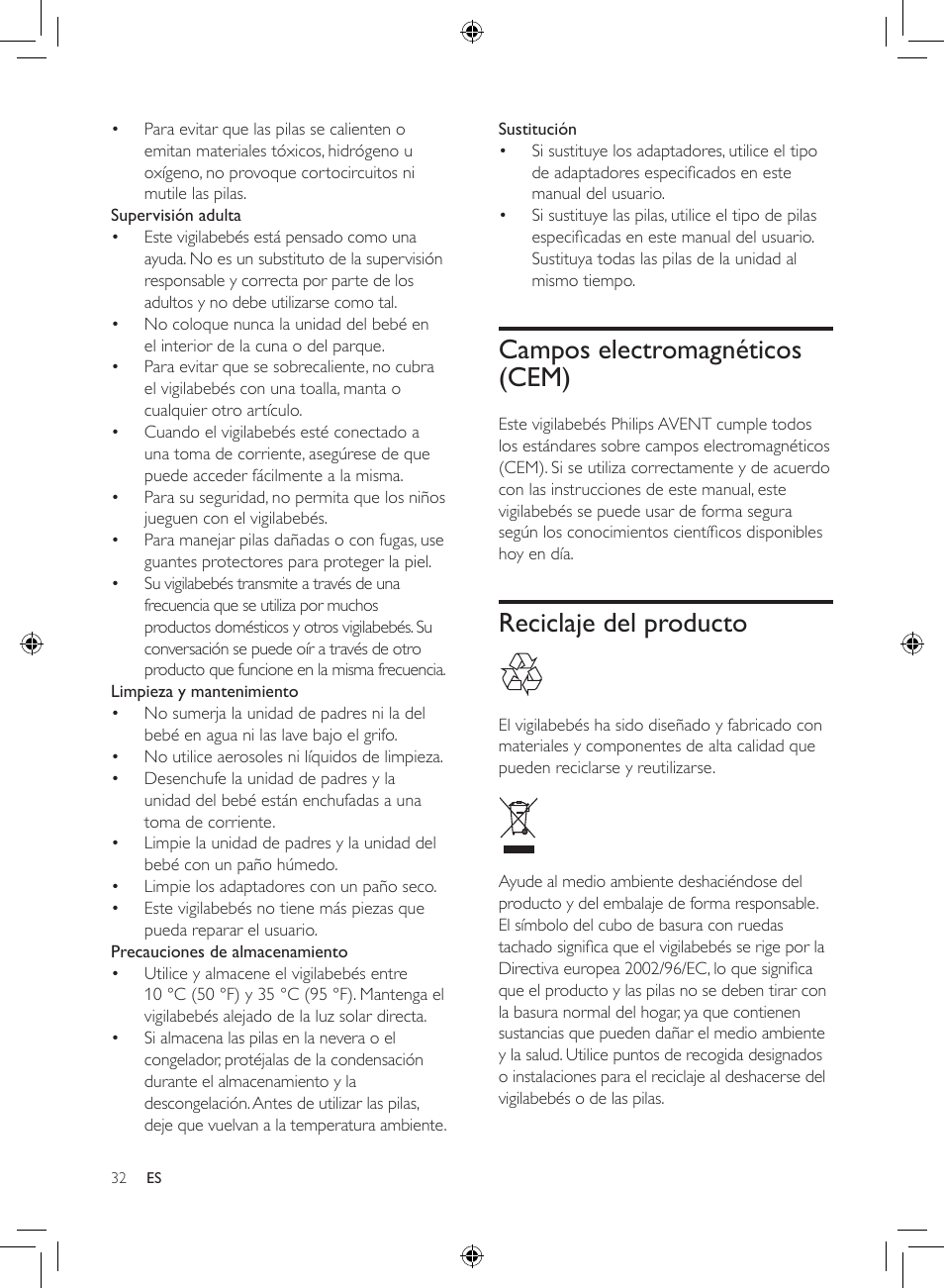 Campos electromagnéticos (cem), Reciclaje del producto | Philips AVENT Analoges Babyphone User Manual | Page 30 / 86