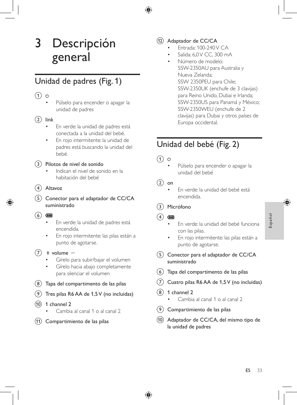 3 descripción general, Unidad del bebé (fig. 2), Unidad de padres (fig. 1) | Philips AVENT Analoges Babyphone User Manual | Page 31 / 86