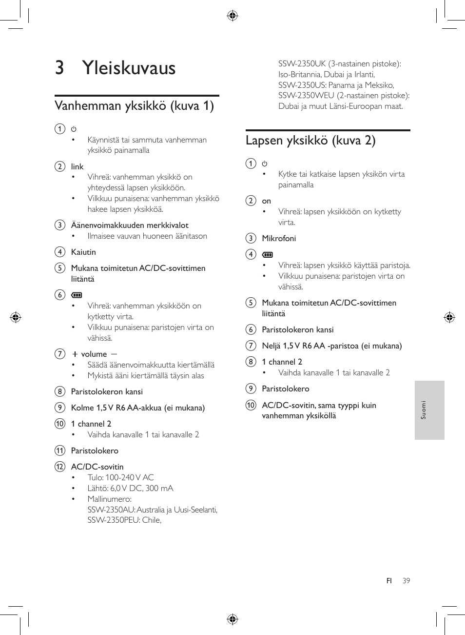 3 yleiskuvaus, Lapsen yksikkö (kuva 2), Vanhemman yksikkö (kuva 1) | Philips AVENT Analoges Babyphone User Manual | Page 37 / 86