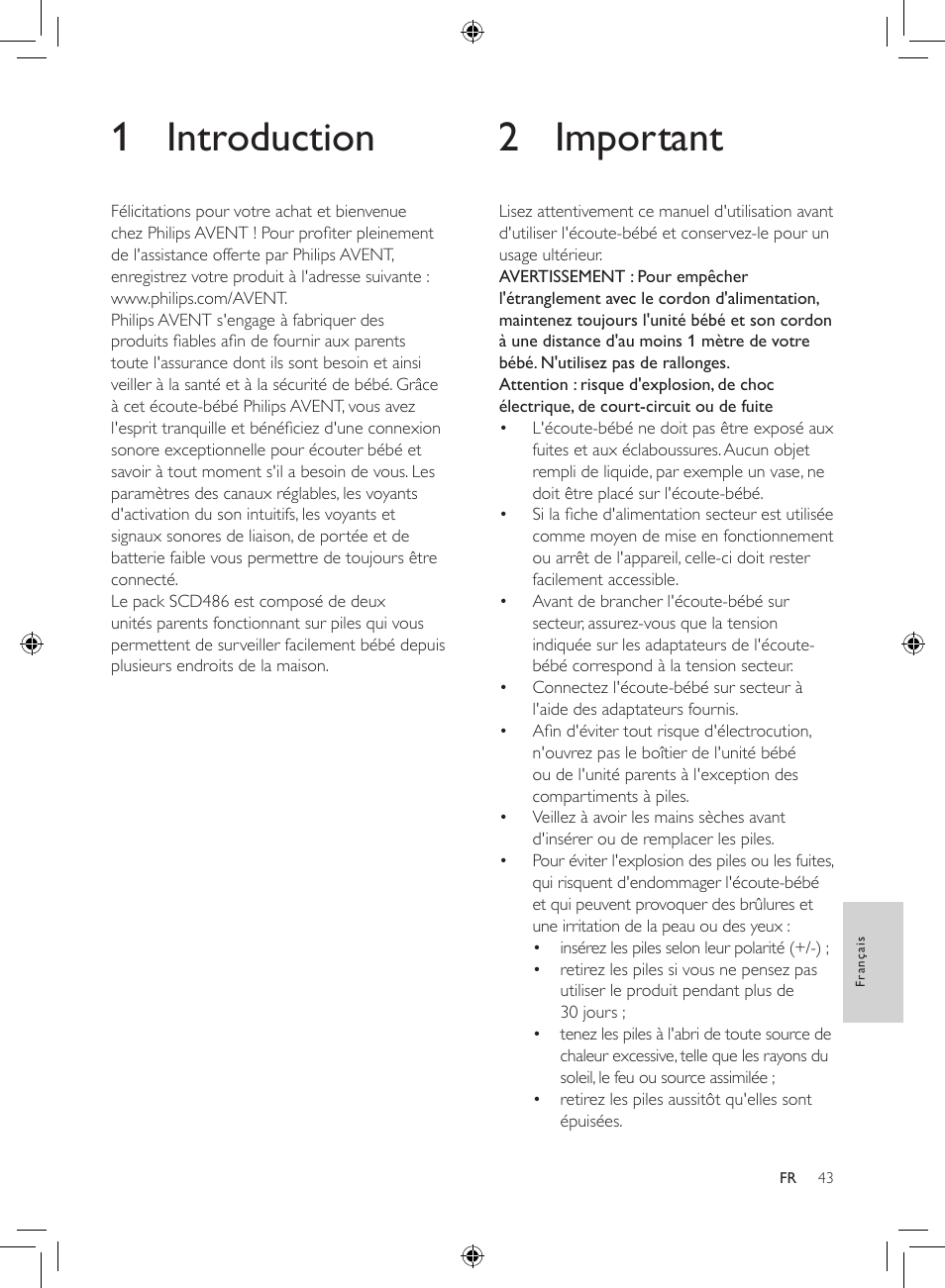 1 introduction, 2 important | Philips AVENT Analoges Babyphone User Manual | Page 41 / 86