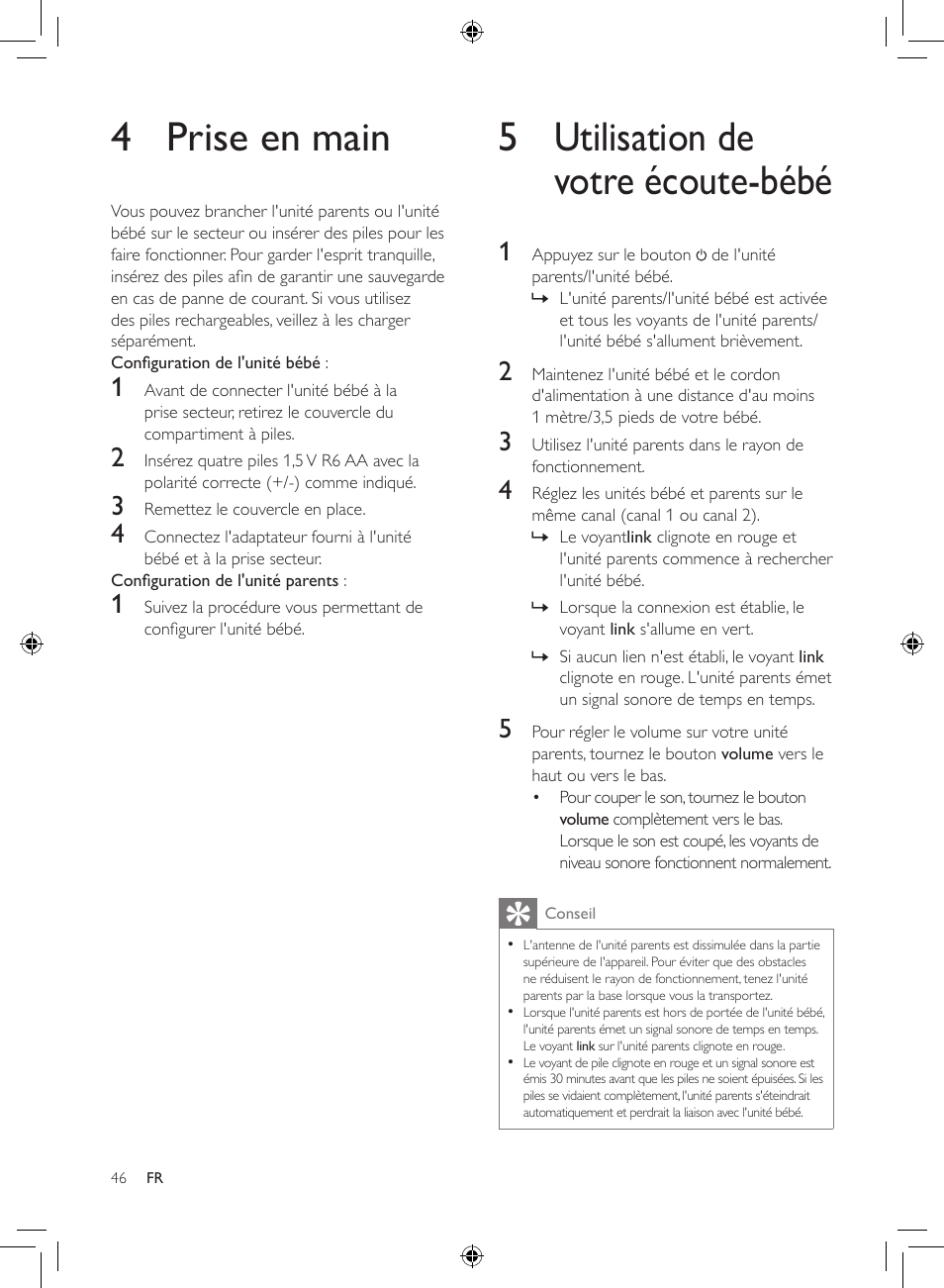 4 prise en main, 5 utilisation de votre écoute-bébé | Philips AVENT Analoges Babyphone User Manual | Page 44 / 86