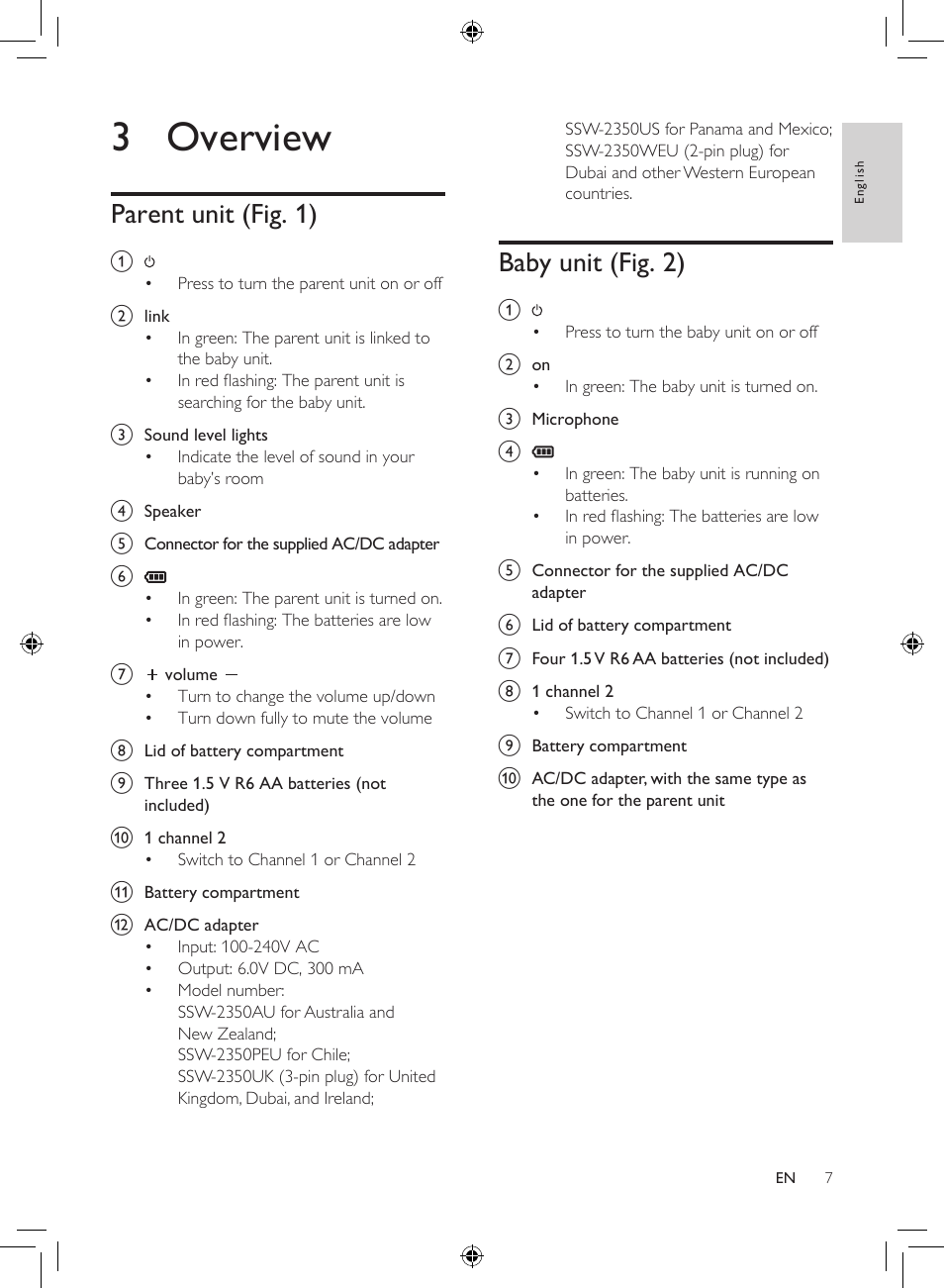 3 overview, Baby unit (fig. 2), Parent unit (fig. 1) | Philips AVENT Analoges Babyphone User Manual | Page 5 / 86