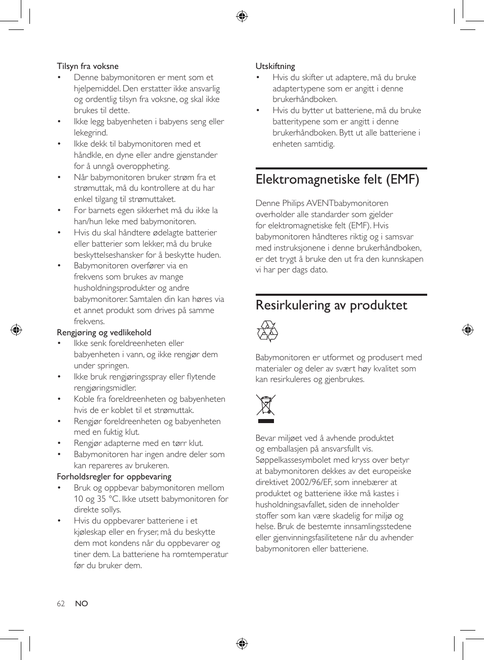 Elektromagnetiske felt (emf), Resirkulering av produktet | Philips AVENT Analoges Babyphone User Manual | Page 60 / 86