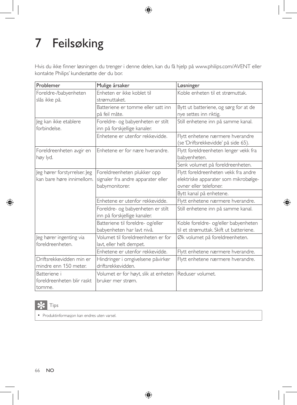 7 feilsøking | Philips AVENT Analoges Babyphone User Manual | Page 64 / 86