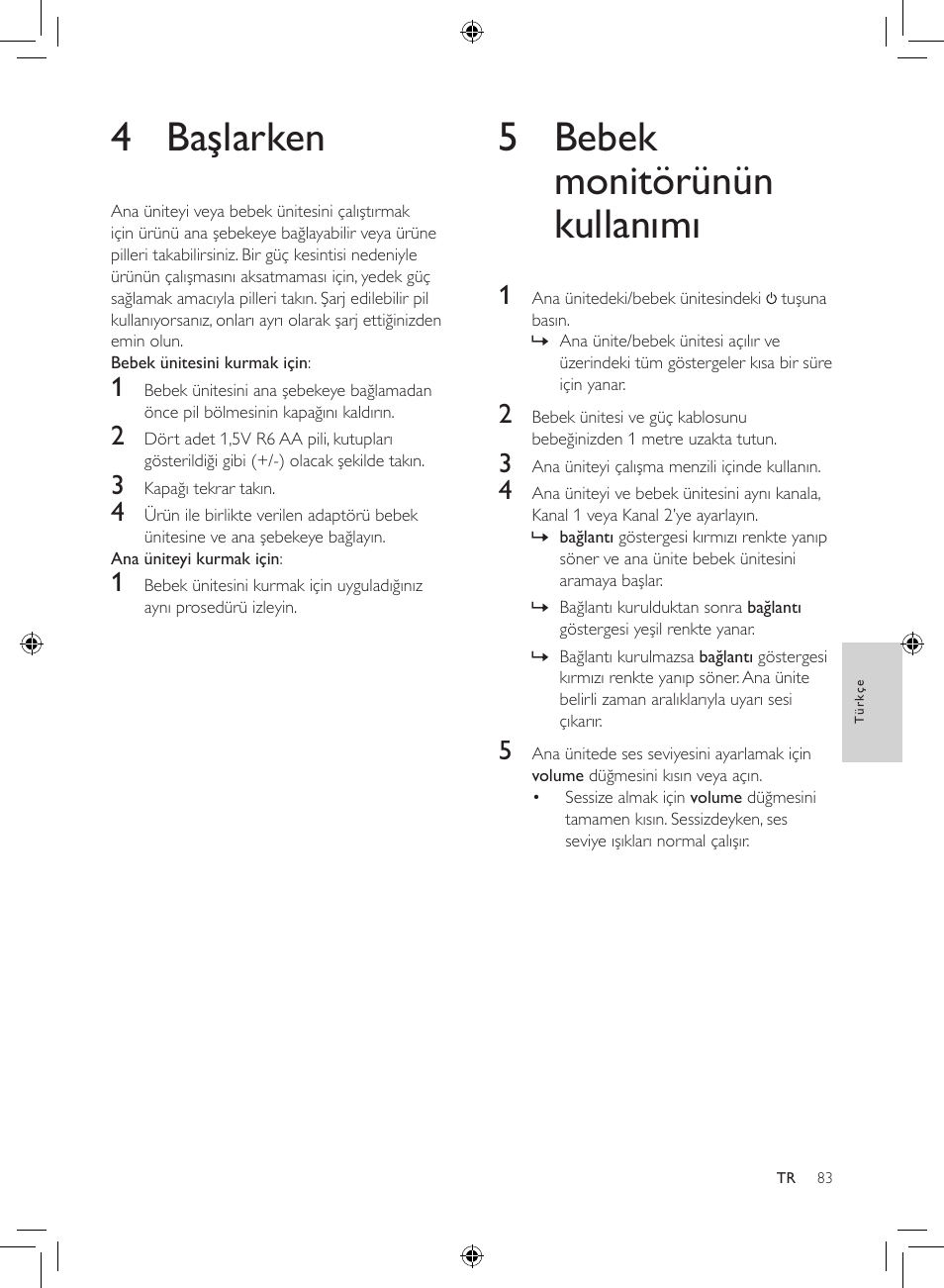 5 bebek monitörünün kullanımı, 4 başlarken | Philips AVENT Analoges Babyphone User Manual | Page 81 / 86
