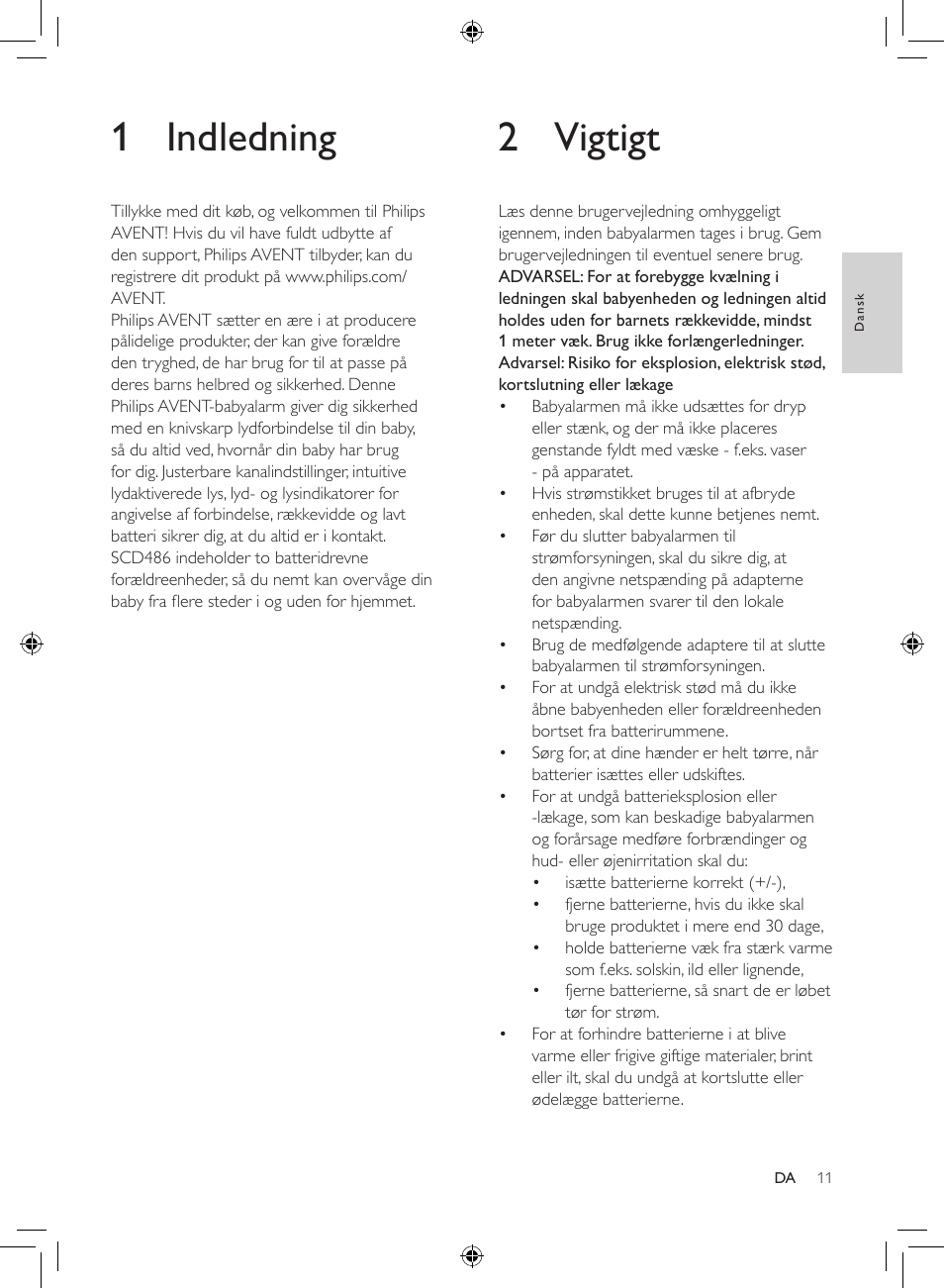 2 vigtigt, 1 indledning | Philips AVENT Analoges Babyphone User Manual | Page 9 / 86