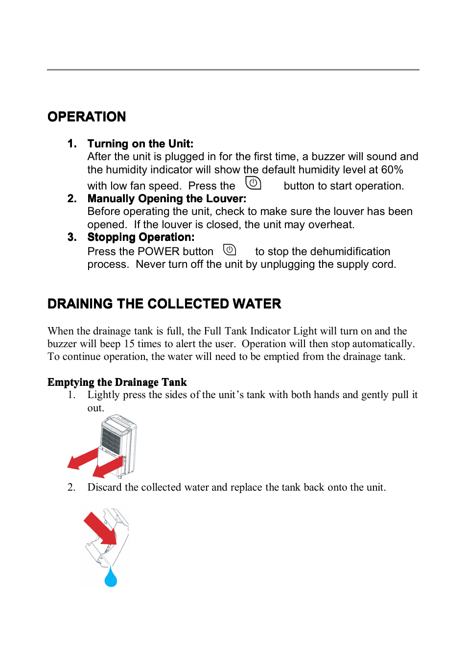 Operation, Draining | NewAir AD-400 User Manual | Page 7 / 12