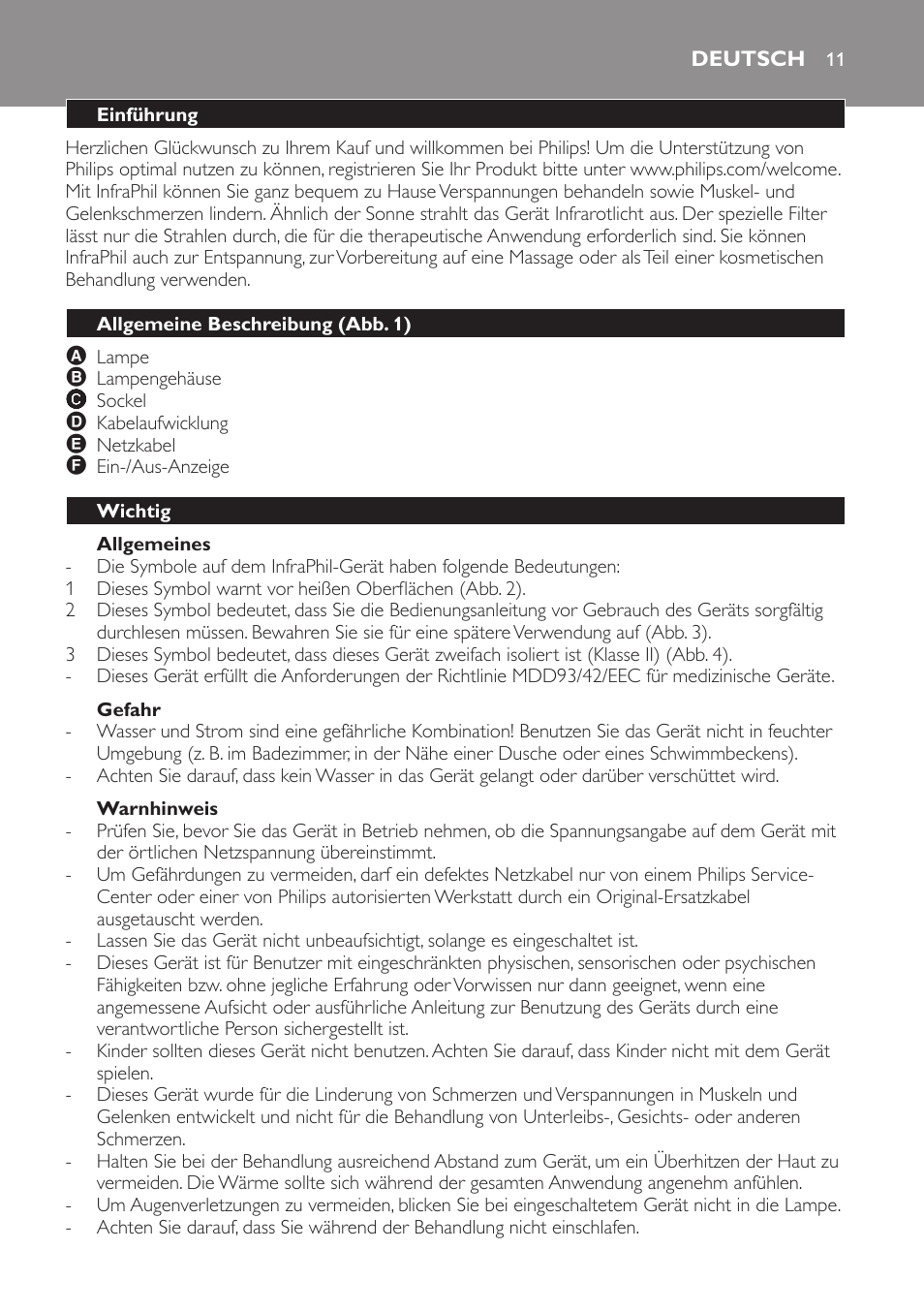 Allgemeines, Gefahr, Warnhinweis | Deutsch, Einführung, Allgemeine beschreibung (abb. 1), Wichtig | Philips InfraPhil Infrarotlampe User Manual | Page 11 / 60