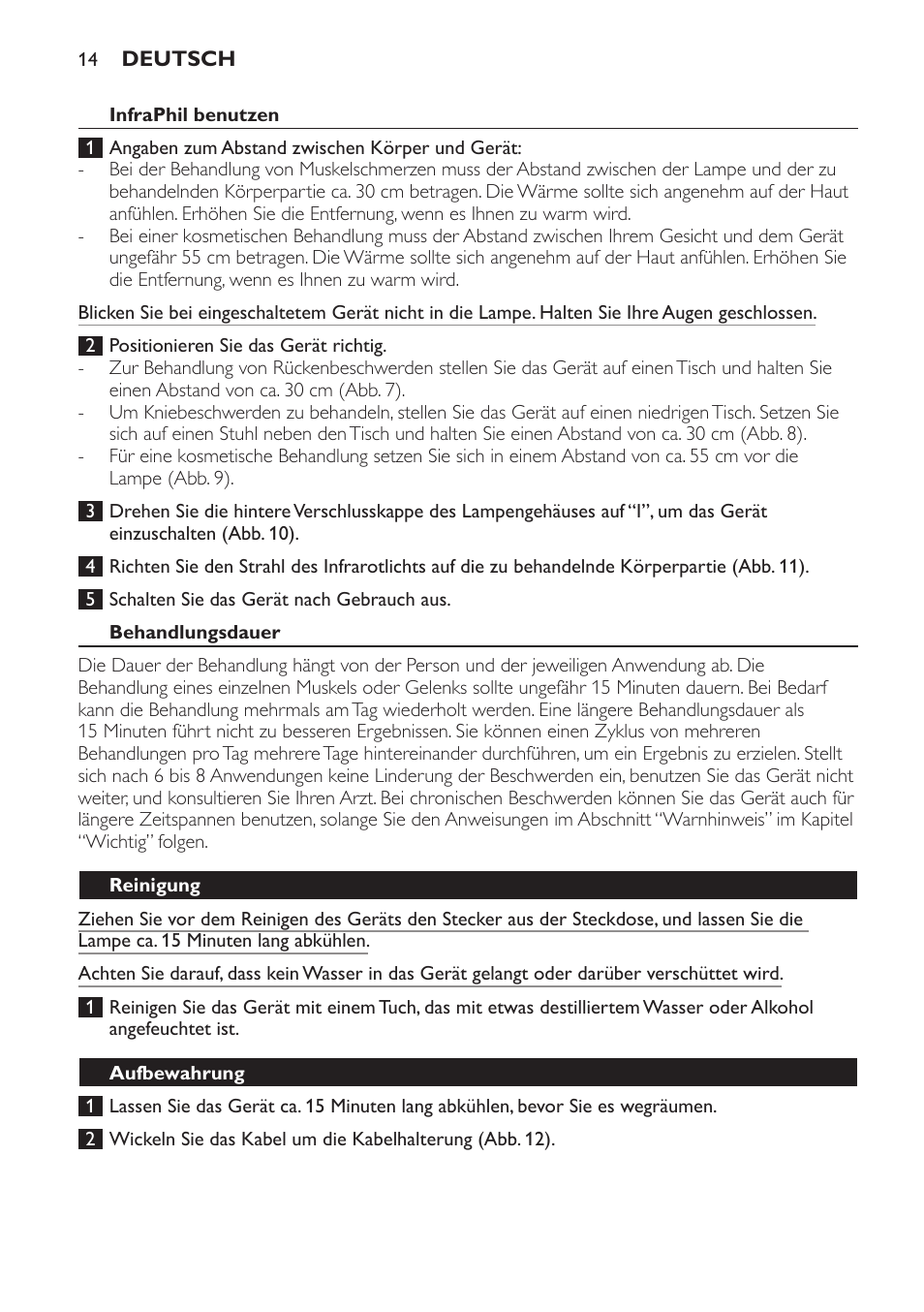 Infraphil benutzen, Behandlungsdauer, Reinigung | Aufbewahrung, Ersatz | Philips InfraPhil Infrarotlampe User Manual | Page 14 / 60