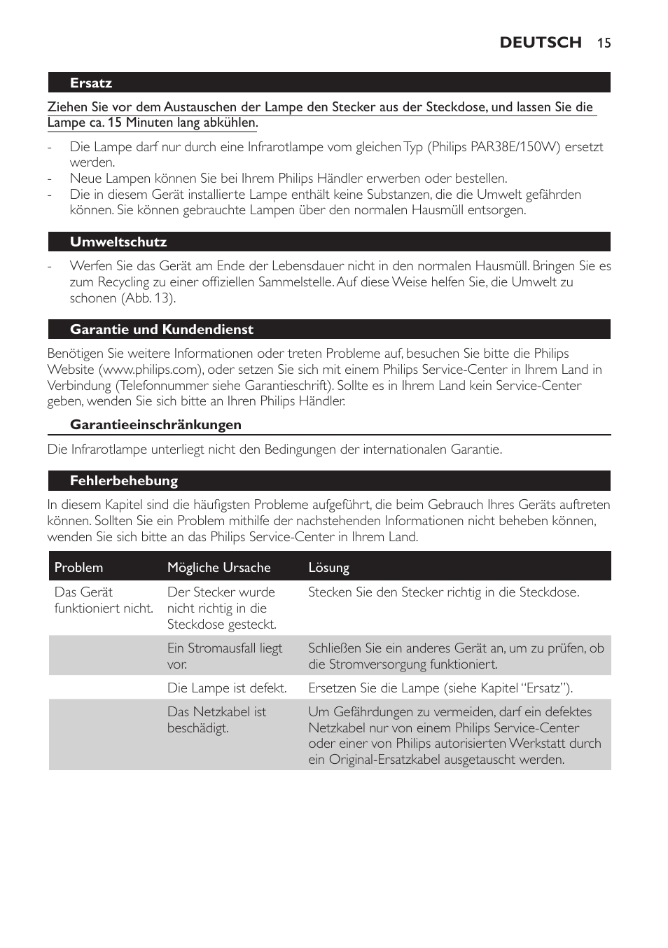 Umweltschutz, Garantie und kundendienst, Garantieeinschränkungen | Fehlerbehebung | Philips InfraPhil Infrarotlampe User Manual | Page 15 / 60