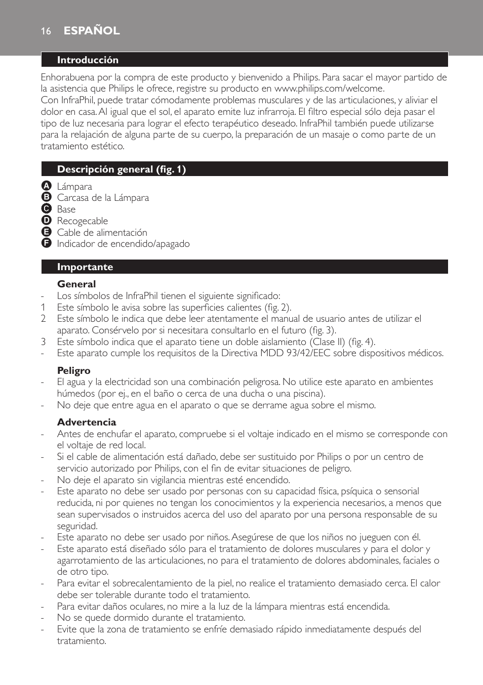 General, Peligro, Advertencia | Español, Introducción, Descripción general (fig. 1), Importante | Philips InfraPhil Infrarotlampe User Manual | Page 16 / 60