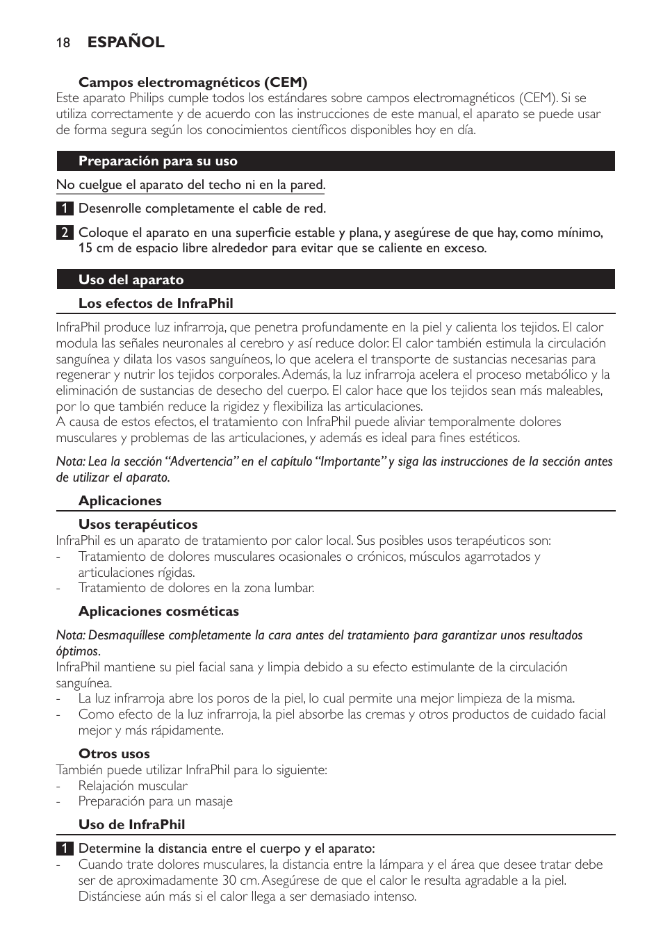 Campos electromagnéticos (cem), Preparación para su uso, Uso del aparato | Los efectos de infraphil, Aplicaciones, Usos terapéuticos, Aplicaciones cosméticas, Otros usos, Uso de infraphil | Philips InfraPhil Infrarotlampe User Manual | Page 18 / 60