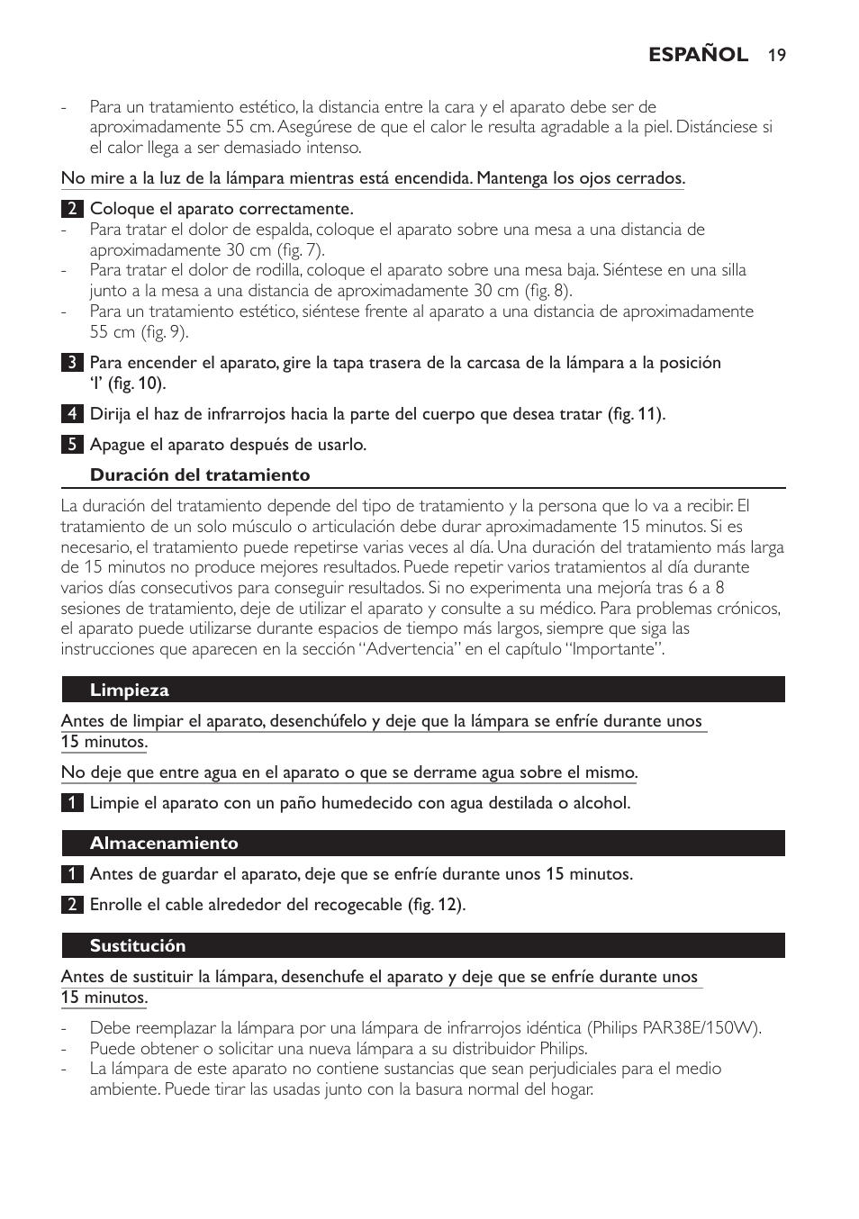 Duración del tratamiento, Limpieza, Almacenamiento | Sustitución | Philips InfraPhil Infrarotlampe User Manual | Page 19 / 60