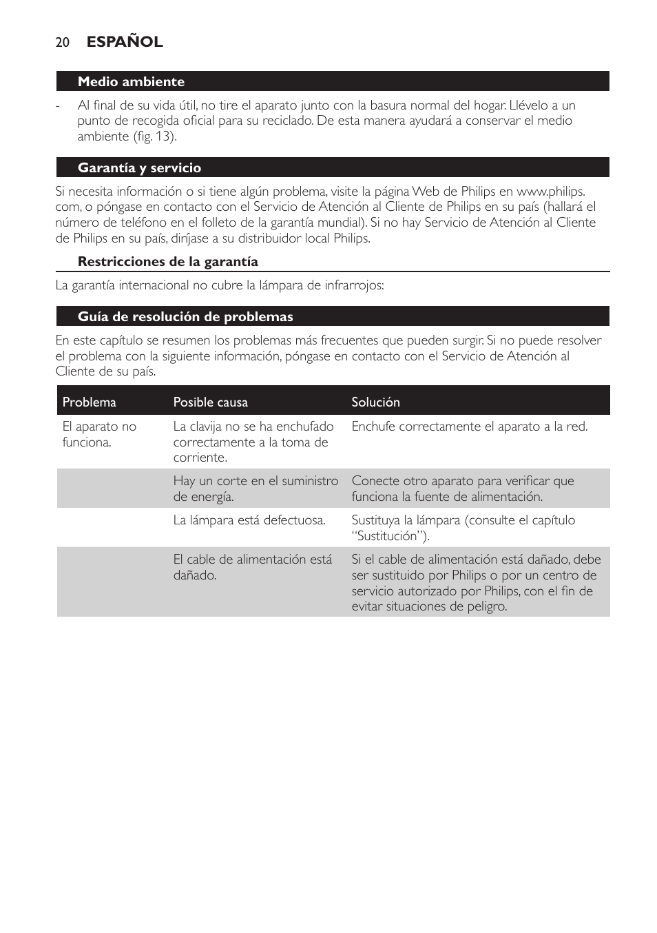 Medio ambiente, Garantía y servicio, Restricciones de la garantía | Guía de resolución de problemas | Philips InfraPhil Infrarotlampe User Manual | Page 20 / 60