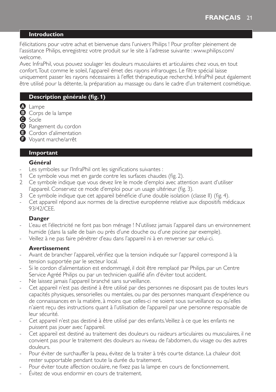 Général, Danger, Avertissement | Français, Introduction, Description générale (fig. 1), Important | Philips InfraPhil Infrarotlampe User Manual | Page 21 / 60