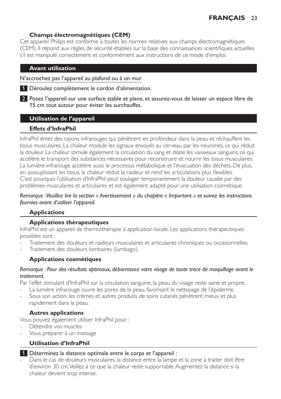 Champs électromagnétiques (cem), Avant utilisation, Utilisation de l’appareil | Effets d’infraphil, Applications, Applications thérapeutiques, Applications cosmétiques, Autres applications, Utilisation d’infraphil | Philips InfraPhil Infrarotlampe User Manual | Page 23 / 60