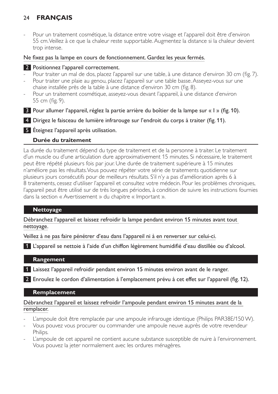Durée du traitement, Nettoyage, Rangement | Remplacement | Philips InfraPhil Infrarotlampe User Manual | Page 24 / 60