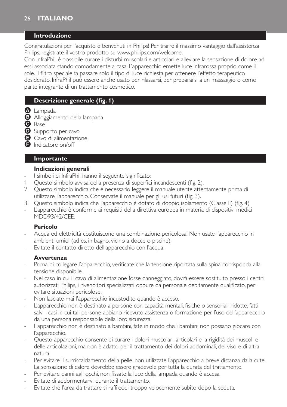 Indicazioni generali, Pericolo, Avvertenza | Italiano, Introduzione, Descrizione generale (fig. 1), Importante | Philips InfraPhil Infrarotlampe User Manual | Page 26 / 60