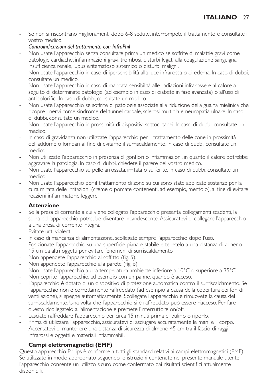 Attenzione, Campi elettromagnetici (emf) | Philips InfraPhil Infrarotlampe User Manual | Page 27 / 60