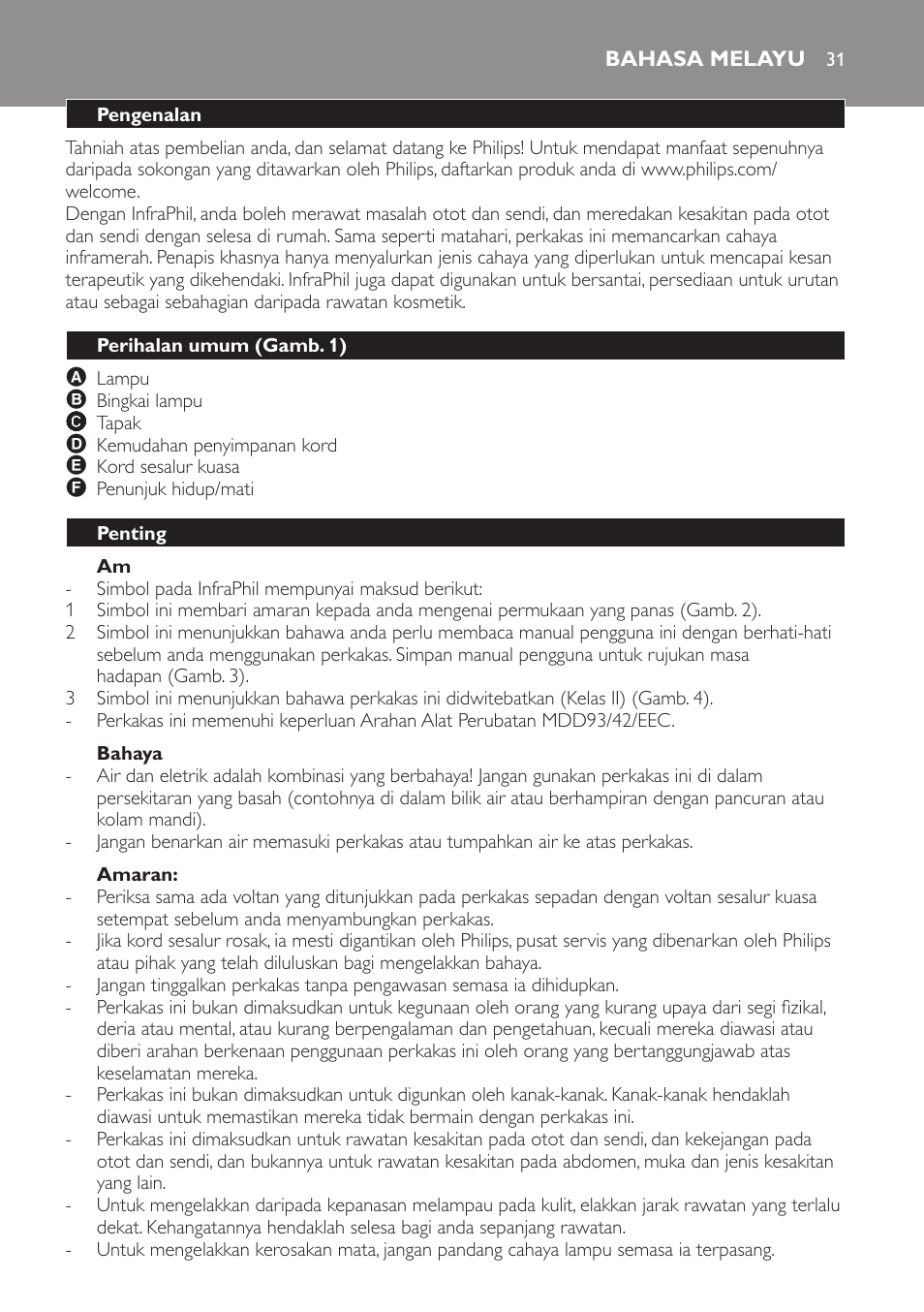 Bahaya, Amaran, Bahasa melayu | Pengenalan, Perihalan umum (gamb. 1), Penting | Philips InfraPhil Infrarotlampe User Manual | Page 31 / 60