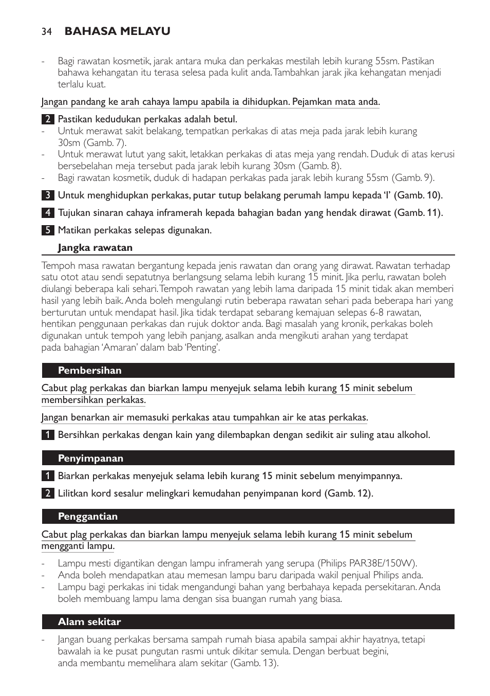 Jangka rawatan, Pembersihan, Penyimpanan | Penggantian, Alam sekitar | Philips InfraPhil Infrarotlampe User Manual | Page 34 / 60
