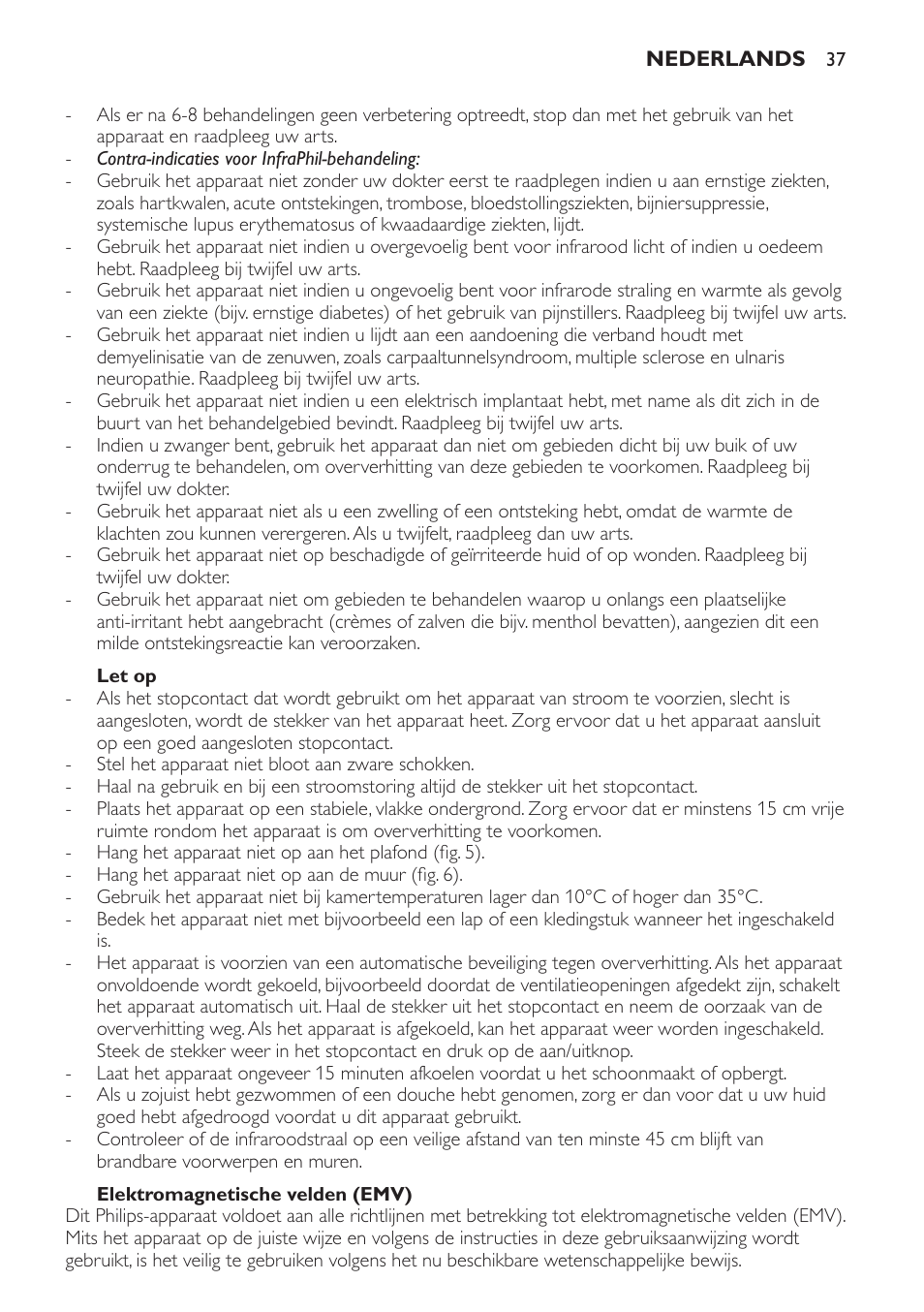 Let op, Elektromagnetische velden (emv) | Philips InfraPhil Infrarotlampe User Manual | Page 37 / 60