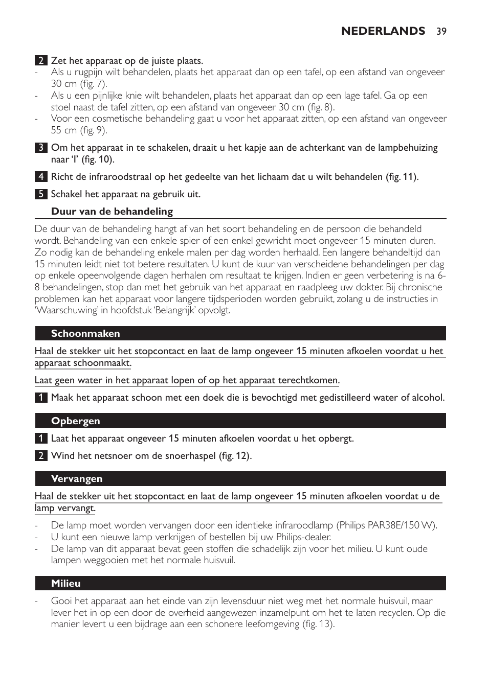 Duur van de behandeling, Schoonmaken, Opbergen | Vervangen, Milieu | Philips InfraPhil Infrarotlampe User Manual | Page 39 / 60