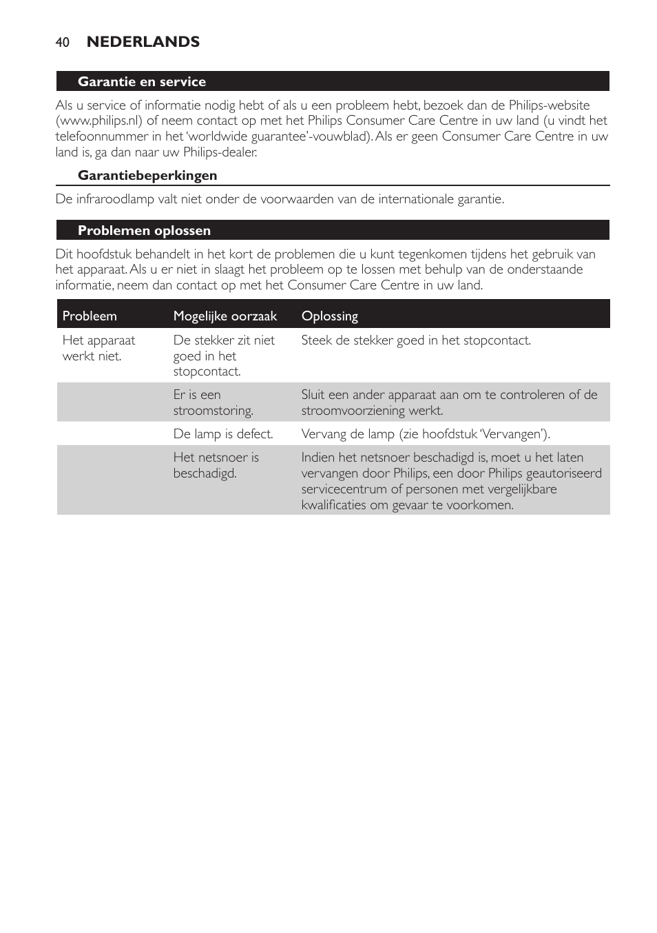 Garantie en service, Garantiebeperkingen, Problemen oplossen | Philips InfraPhil Infrarotlampe User Manual | Page 40 / 60